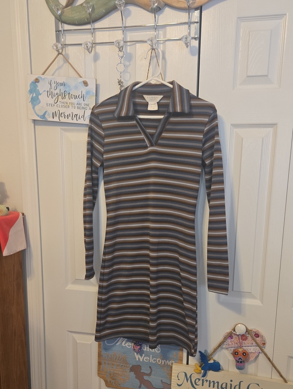 Express Striped Long-Sleeve Polo Dress in Brown, Gray & Cream